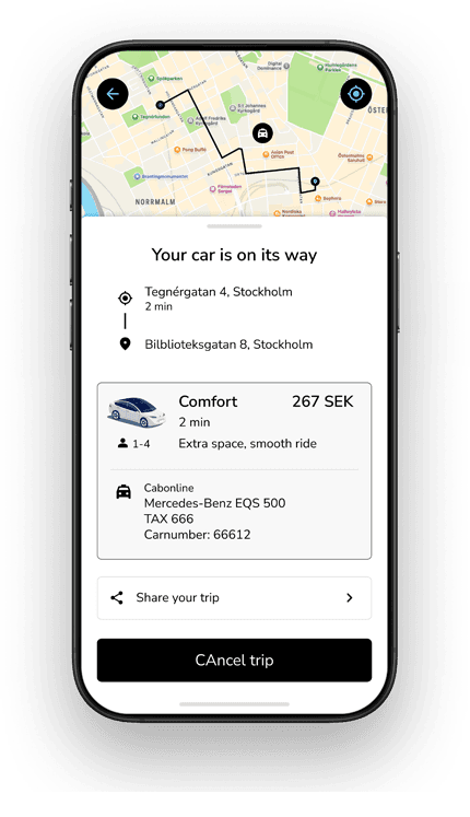Smartphone screen showing a ride-sharing app with a map and trip details, including car type, fare, and pickup location in Stockholm.